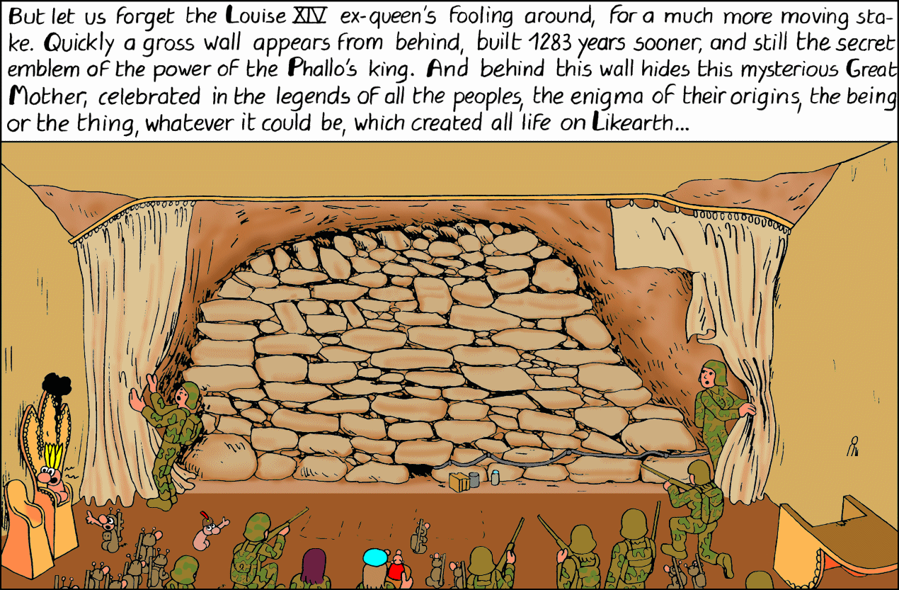 The curtain is drawn, revealing an opening in the rock, which has been hastily walled up...